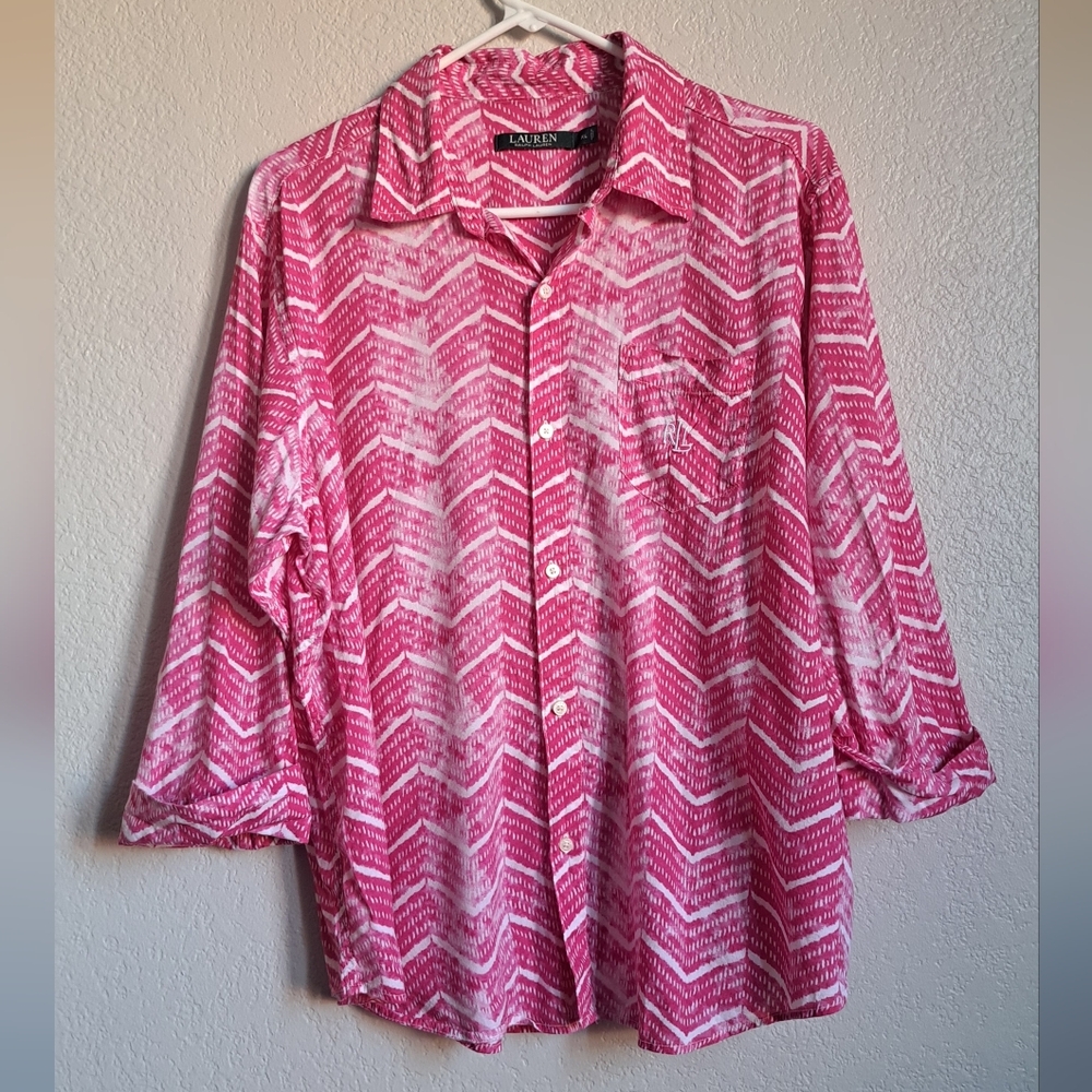 Lauren Ralph Lauren Pink Chevron Striped Button Down Longsleeve Blouse Size XL